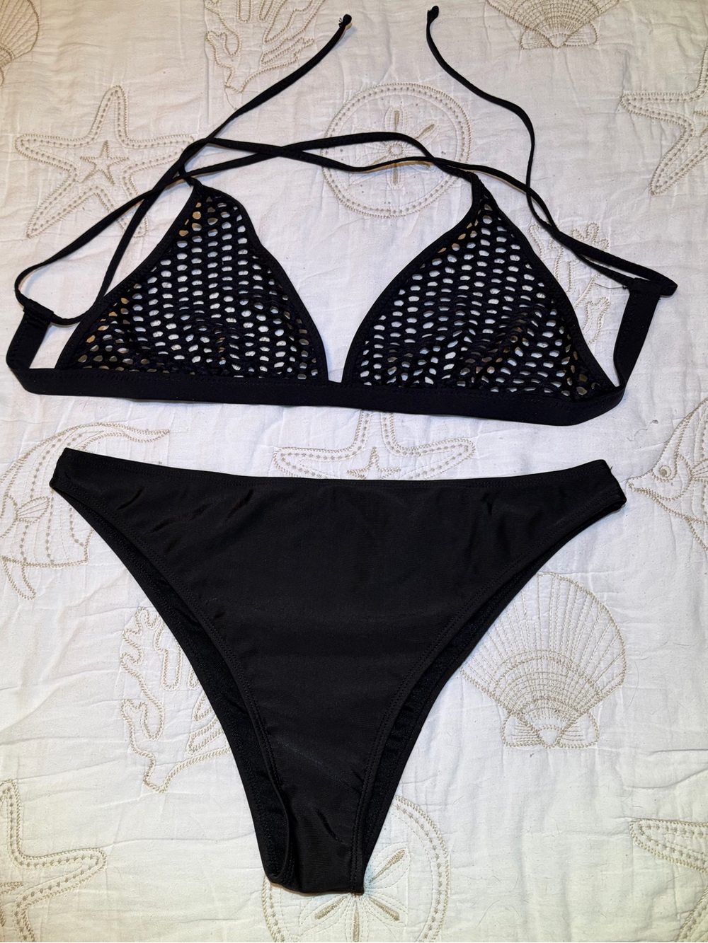 Sexy See Through Black Mesh Triangle Bikini Top With Solid Cheeky Bottom. XL